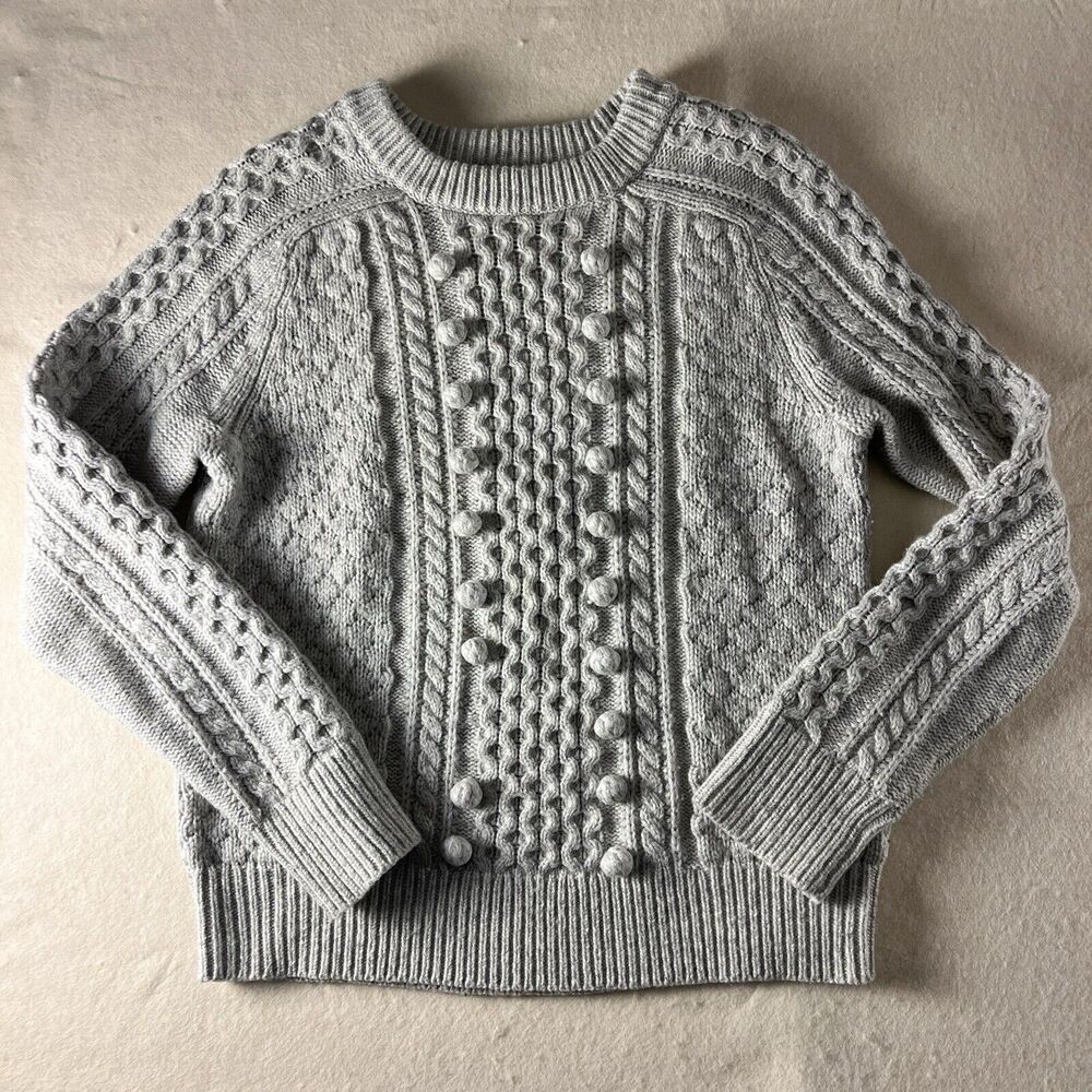 J. Crew Cable Knit Sweater womens small Ezra Pom-Pom lambs wool blend